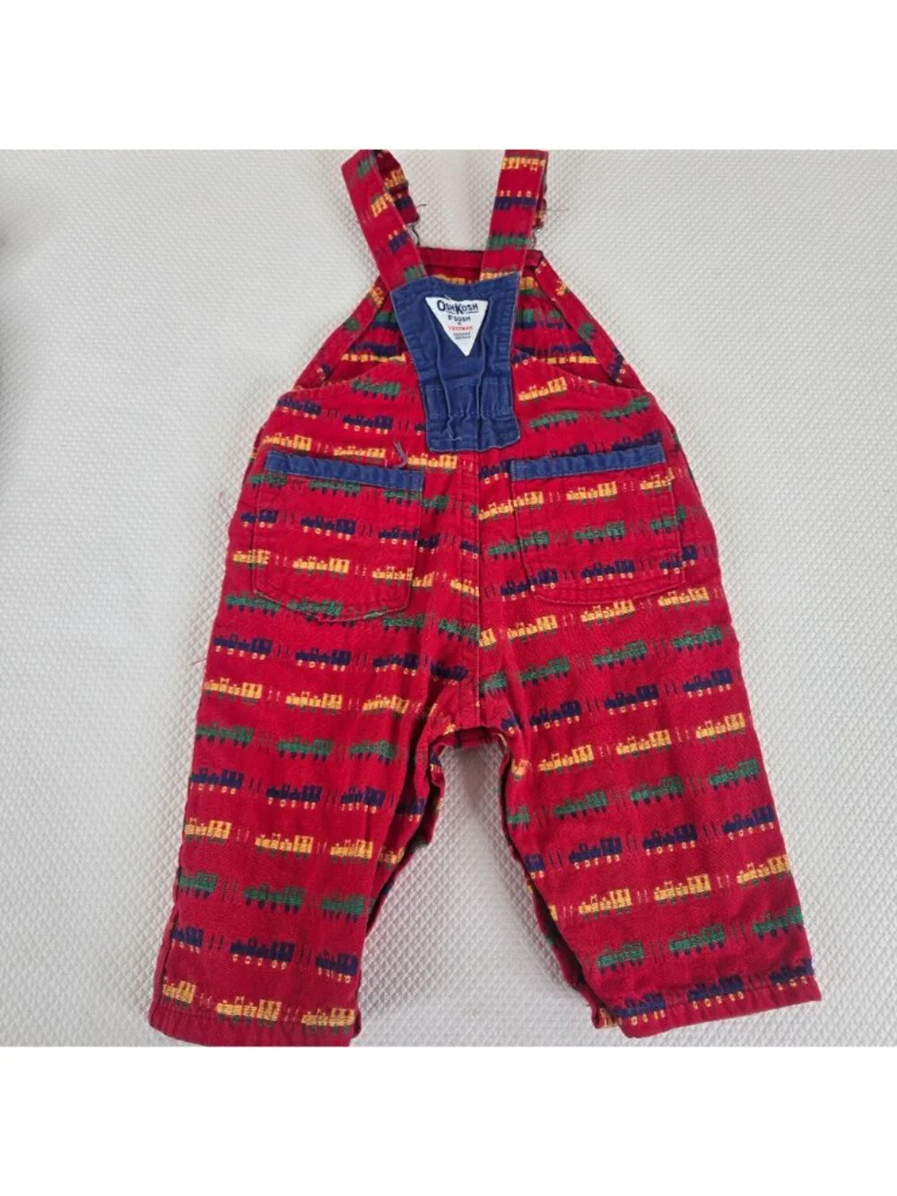 Vintage OshKosh BGosh Red Trains Overalls Vestback Size 3/6 Mos Made in USA